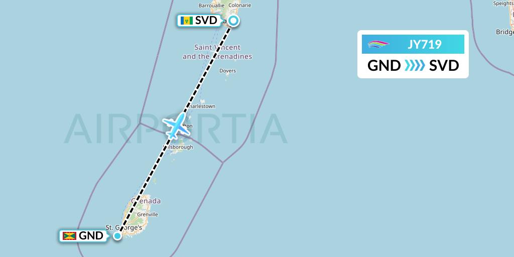 JY719 InterCaribbean Airways Flight Map: Point Salines to Kingstown