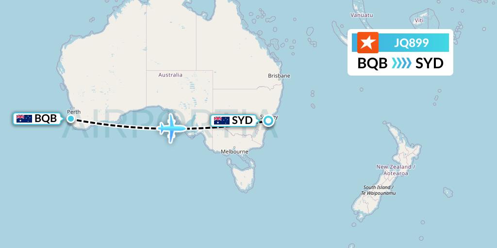 JQ899 Jetstar Airways Flight Map: Busselton to Sydney