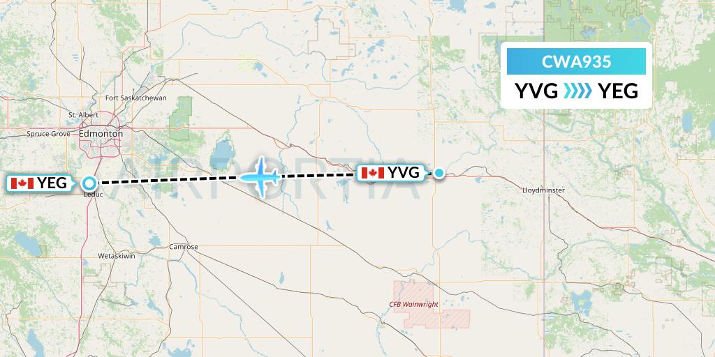 CWA935 Can West Corporate Air Charters Ltd. Flight Map: Vermilion to Edmonton