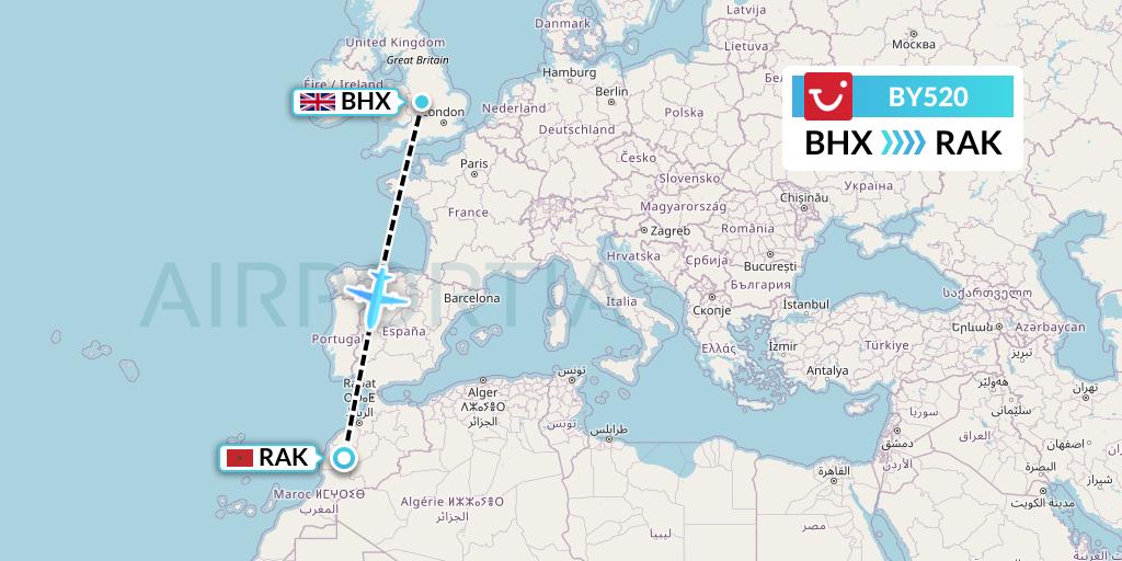 BY520 TUI Airways Flight Map: Birmingham to Marrakesh 
