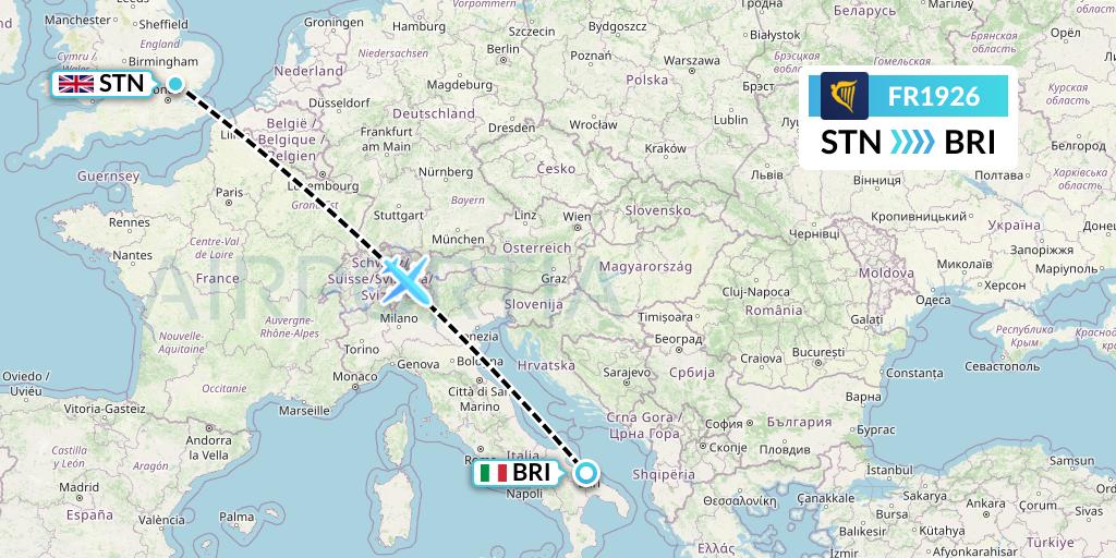 FR1926 Ryanair Flight Map: London to Bari