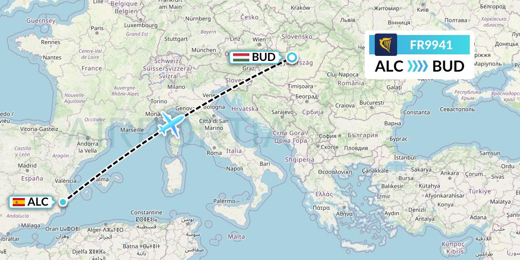FR9941 Ryanair Flight Map: Alicante to Budapest