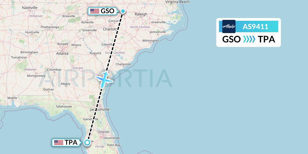 AS9411 Alaska Airlines Flight Map: Greensboro to Tampa