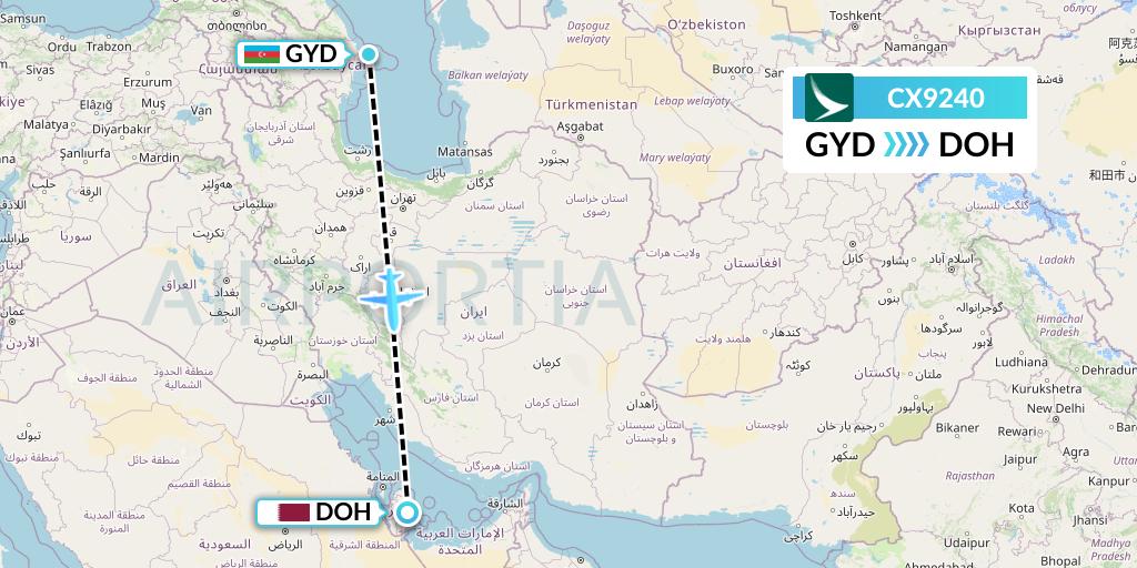 CX9240 Cathay Pacific Flight Map: Baku to Doha
