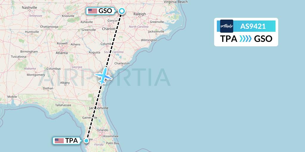 AS9421 Alaska Airlines Flight Map: Tampa to Greensboro