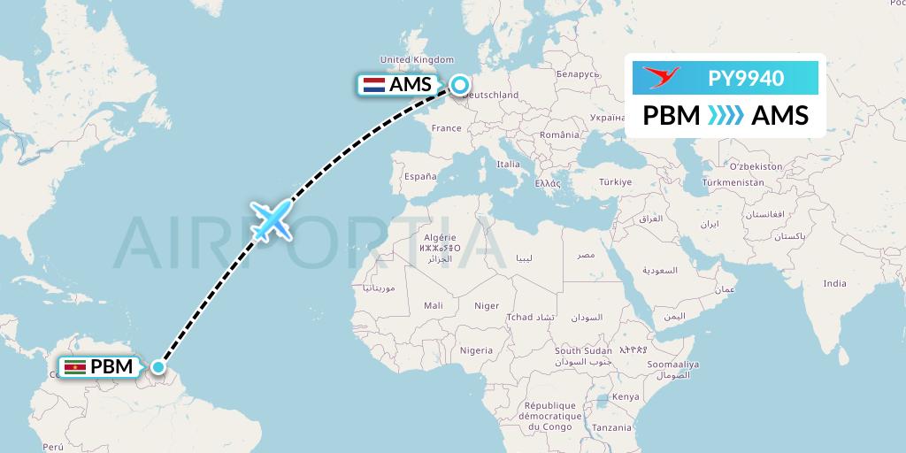 PY9940 Surinam Airways Flight Map: Paramaribo to Amsterdam