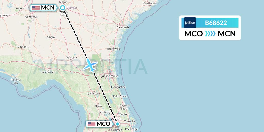 B68622 JetBlue Airways Flight Map: Orlando to Macon