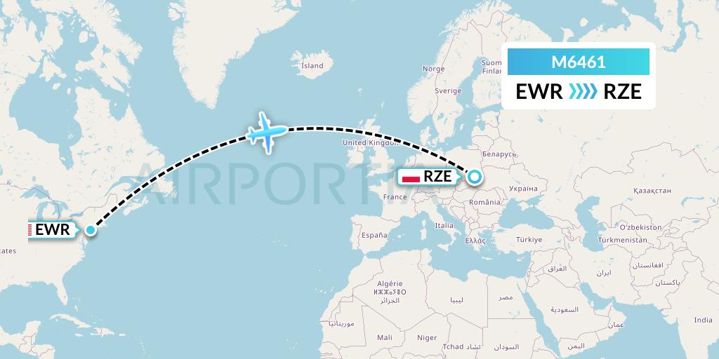 M6461 Amerijet International Flight Map: New York to Rzeszow