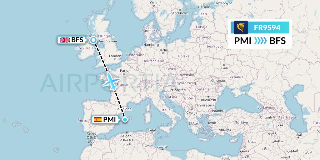 FR9594 Ryanair Flight Map: Palma de Mallorca to Belfast