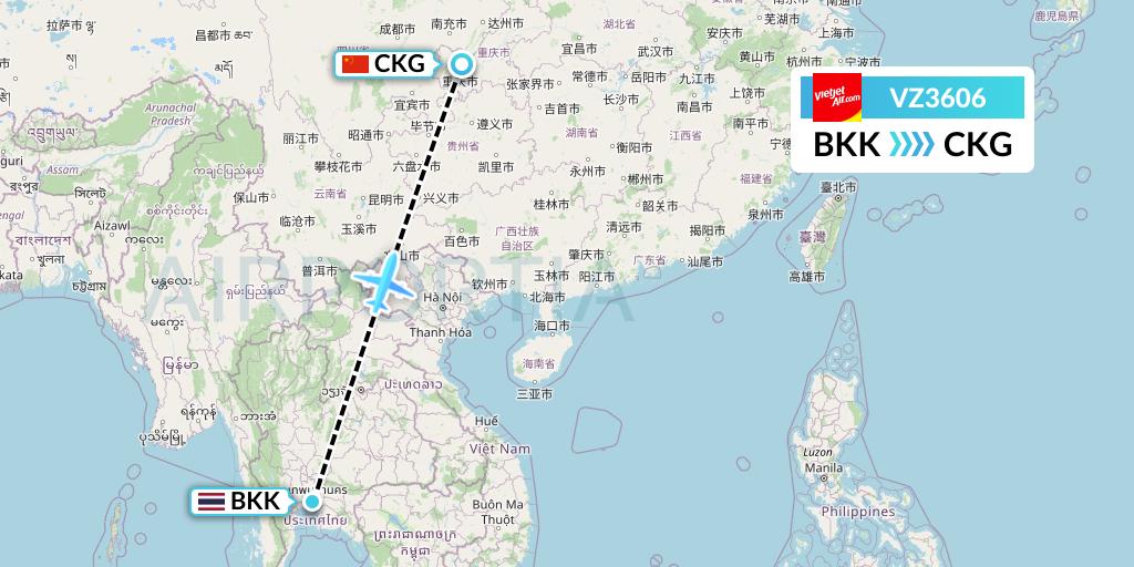 VZ3606 Thai Vietjet Air Flight Map: Bangkok to Chongqing