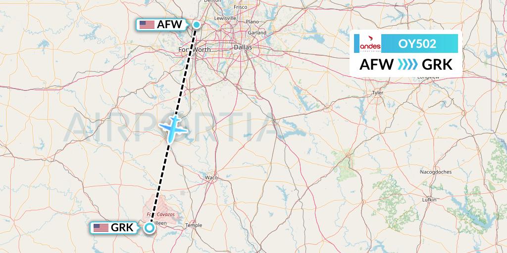 OY502 Omni Air International Flight Map: Fort Worth to Killeen