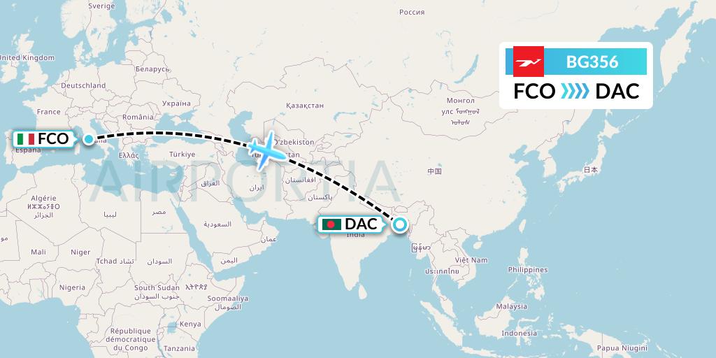 BG356 Biman Bangladesh Airlines Flight Map: Rome to Dhaka