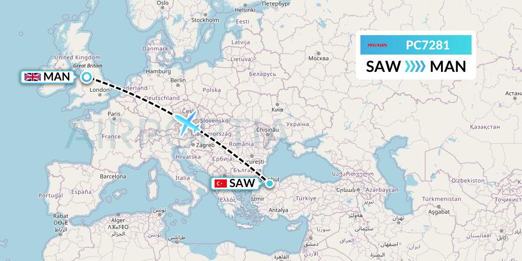 PC7281 Pegasus Airlines Flight Map: Istanbul to Manchester