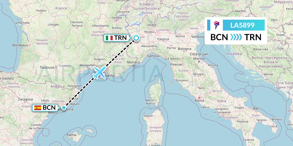 LA5899 LAN Airlines Flight Map: Barcelona to Turin
