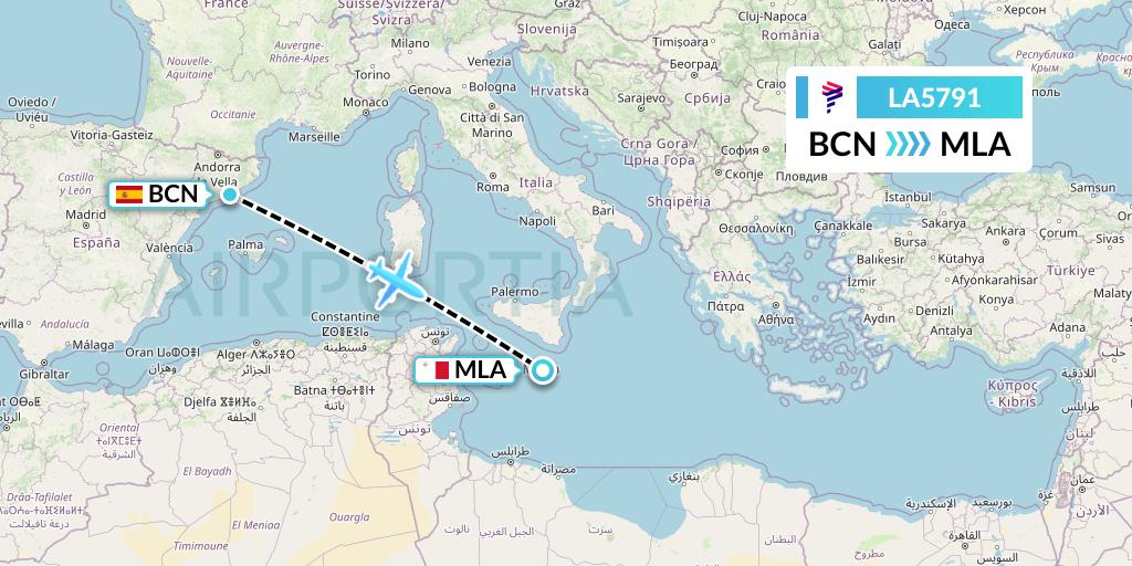 LA5791 LAN Airlines Flight Map: Barcelona to Malta