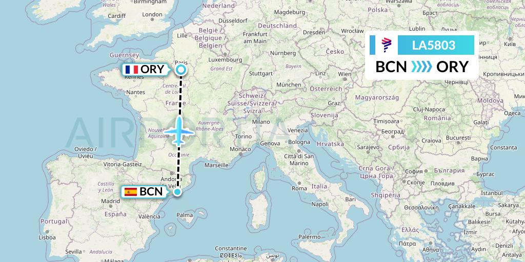 LA5803 LAN Airlines Flight Map: Barcelona to Paris