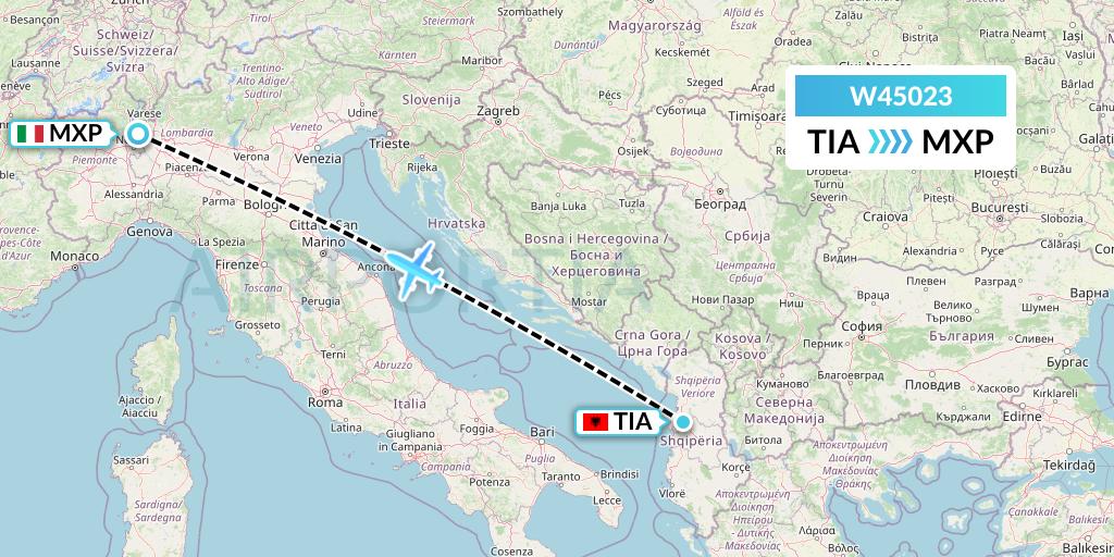 W45023 Wizz Air Malta Flight Map: Tirana to Milan