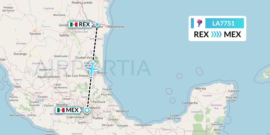 LA7751 LAN Airlines Flight Map: Reynosa to Mexico City