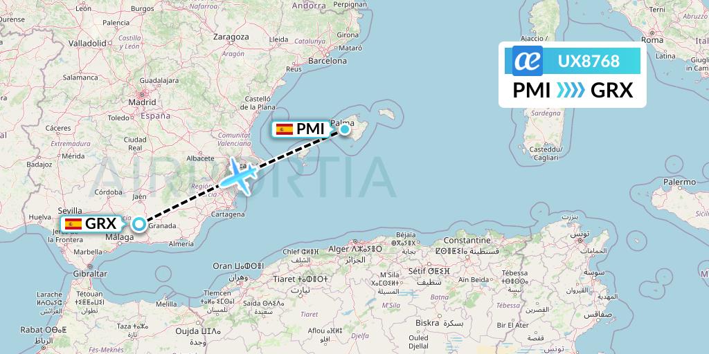 UX8768 Air Europa Flight Map: Palma de Mallorca to Granada