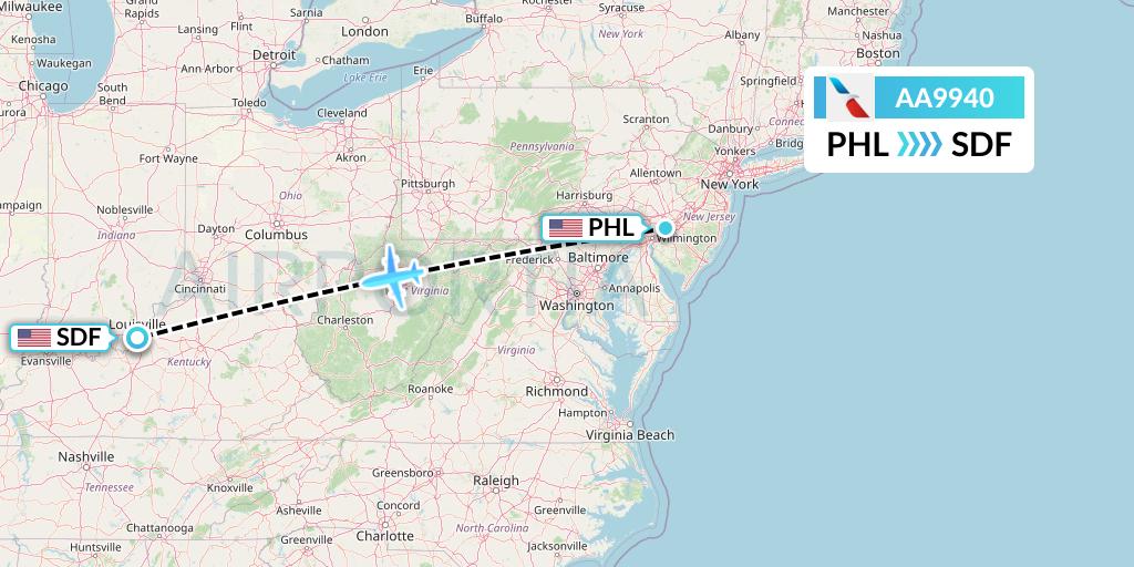 AA9940 American Airlines Flight Map: Philadelphia to Louisville