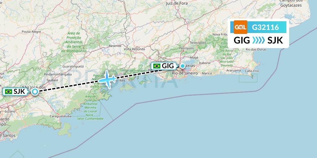 G32116 GOL Transportes Aeros Flight Map: Rio de Janeiro to Sao Jose dos Campos
