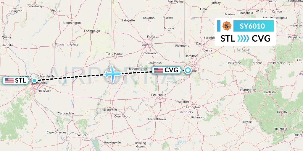 SY6010 Sun Country Airlines Flight Map: St. Louis to Cincinnati