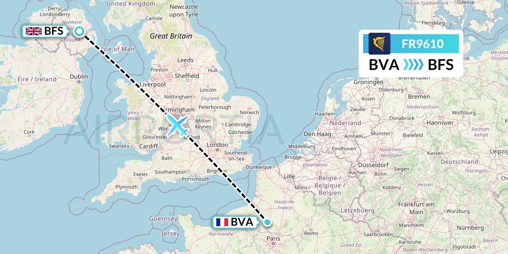 FR9610 Ryanair Flight Map: Paris to Belfast