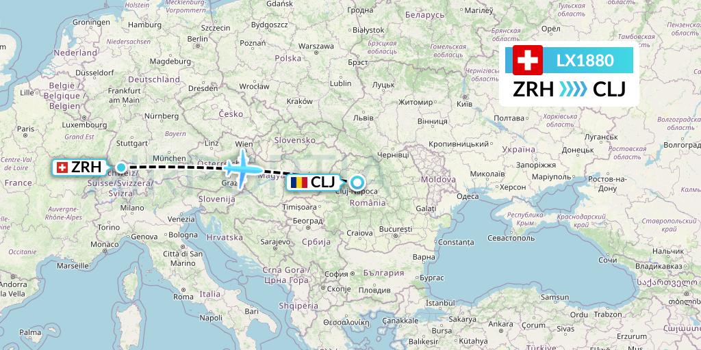 LX1880 Swiss Flight Map: Zurich to Cluj-Napoca