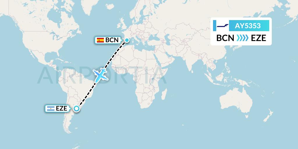 AY5353 Finnair Flight Map: Barcelona to Buenos Aires
