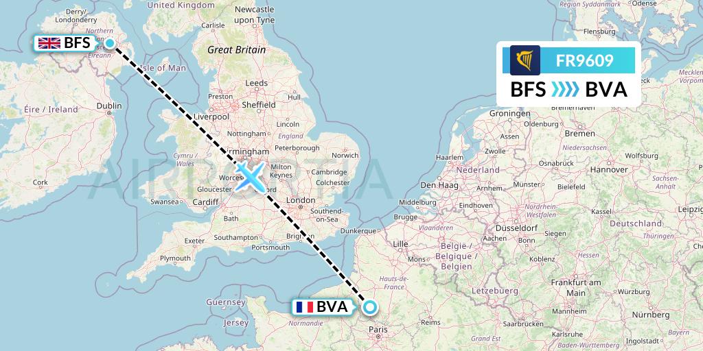 FR9609 Ryanair Flight Map: Belfast to Paris