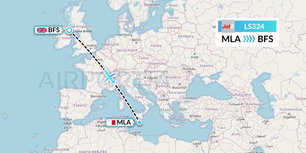 LS324 Jet2 Flight Map: Malta to Belfast