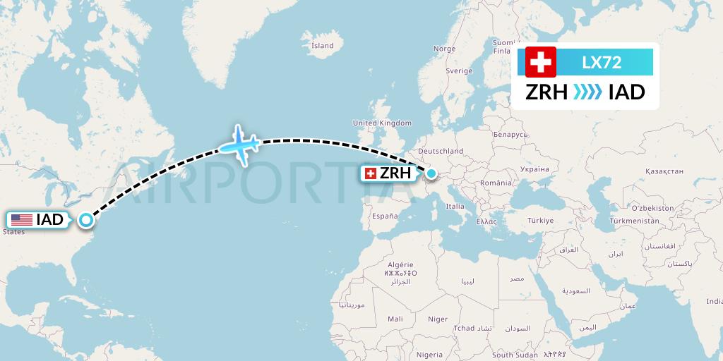 LX72 Swiss Flight Map: Zurich to Washington