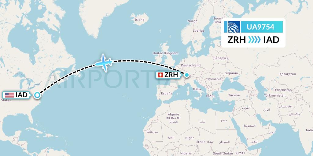 UA9754 United Airlines Flight Map: Zurich to Washington