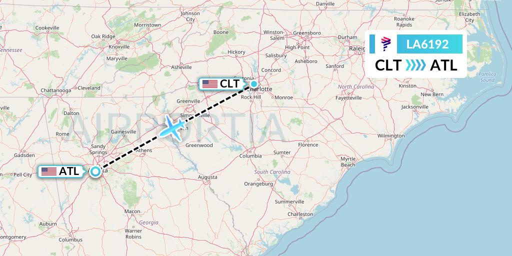 LA6192 LAN Airlines Flight Map: Charlotte to Atlanta