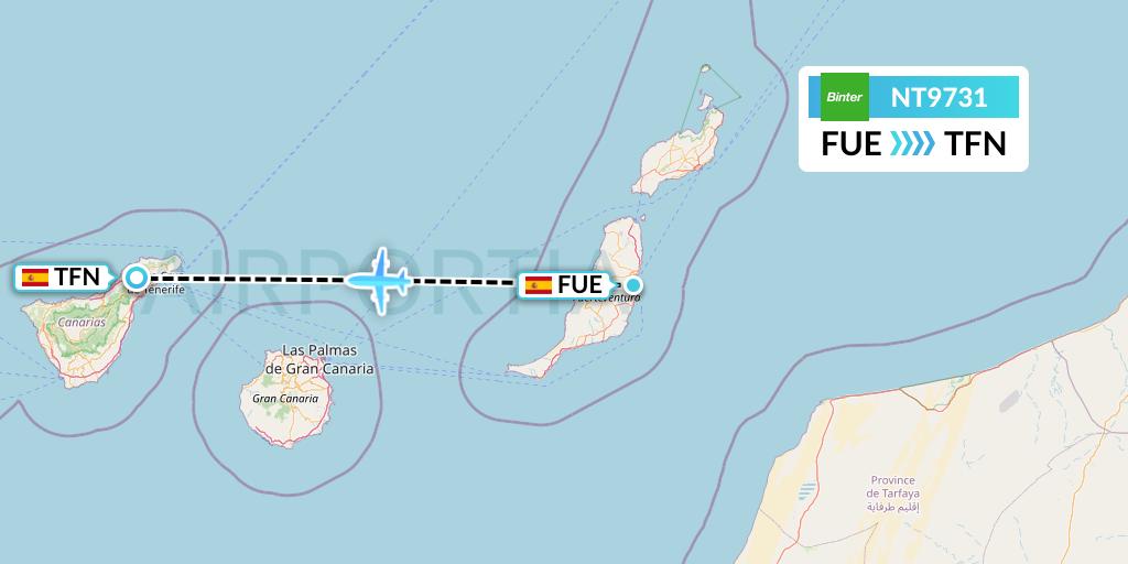 NT9731 Binter Canarias Flight Map: Fuerteventura to Tenerife