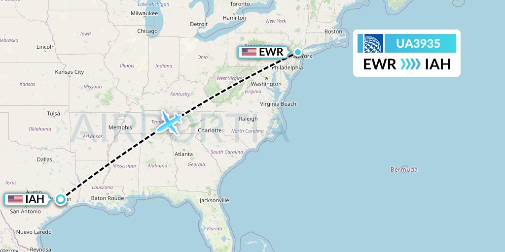 UA3935 United Airlines Flight Map: New York to Houston