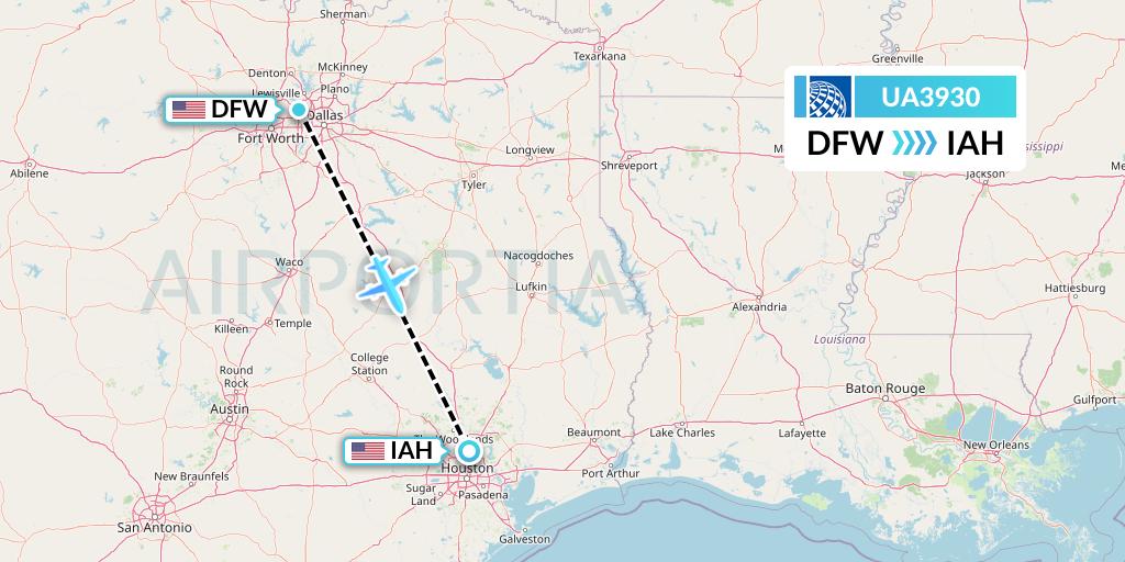 UA3930 United Airlines Flight Map: Dallas to Houston