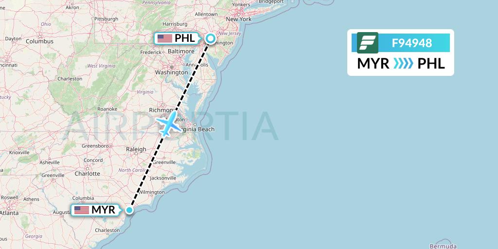 F94948 Frontier Airlines Flight Map: Myrtle Beach to Philadelphia