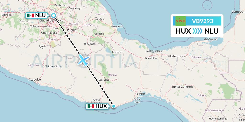 VB9293 VivaAerobus Flight Map: Huatulco to Reyes Acozac