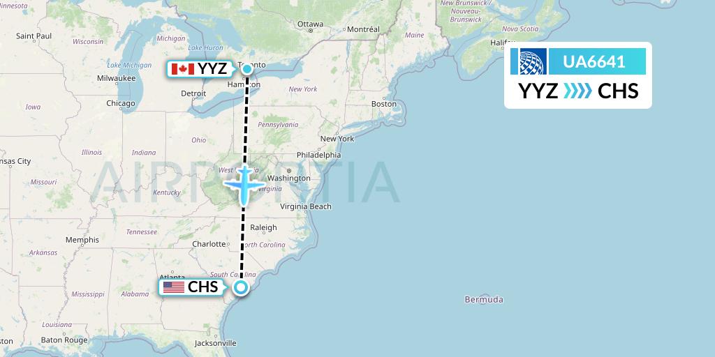 UA6641 United Airlines Flight Map: Toronto to Charleston
