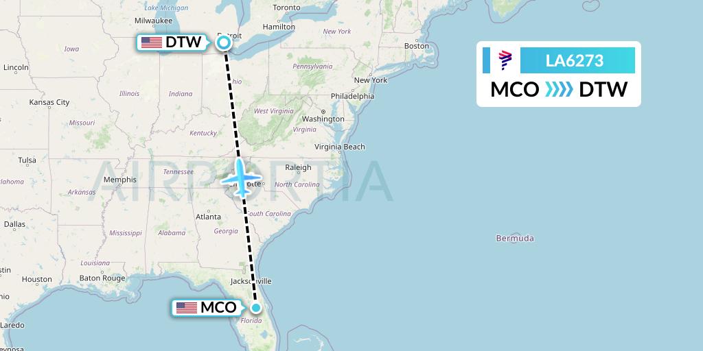 LA6273 LAN Airlines Flight Map: Orlando to Detroit
