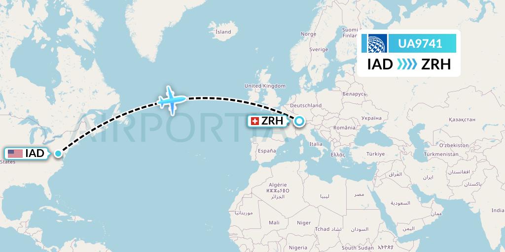 UA9741 United Airlines Flight Map: Washington to Zurich