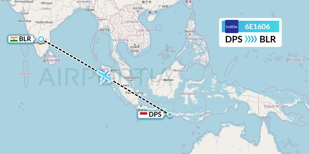 6E1606 IndiGo Airlines Flight Map: Denpasar to Bangalore