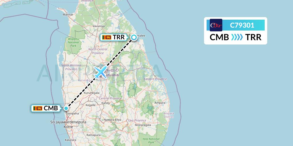 C79301 Cinnamon Air Flight Map: Colombo to Trincomalee