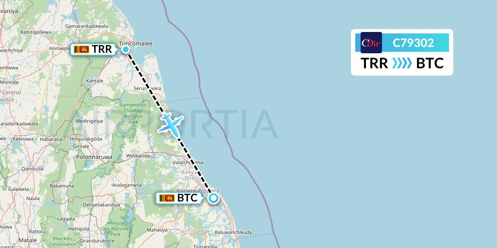 C79302 Cinnamon Air Flight Map: Trincomalee to Batticaloa