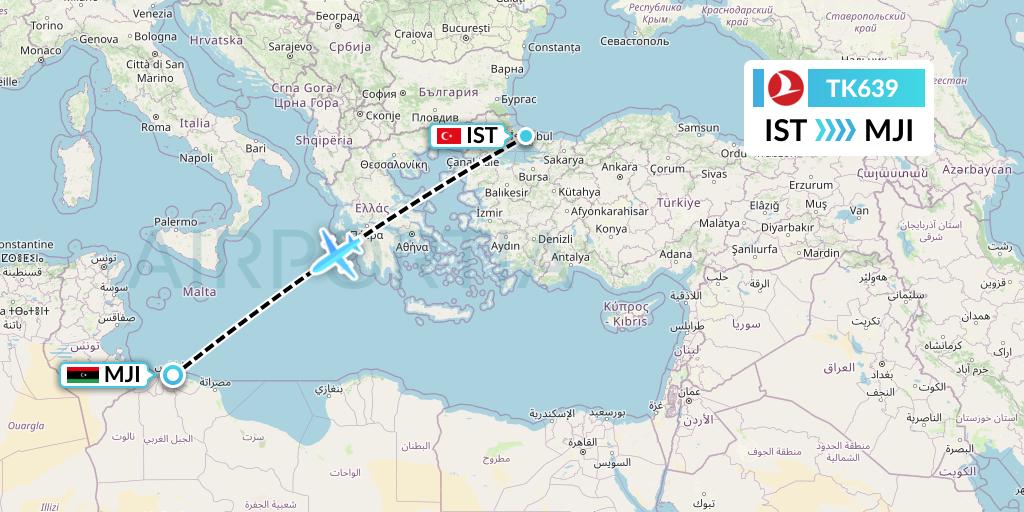TK639 Turkish Airlines Flight Map: Istanbul to Tripoli