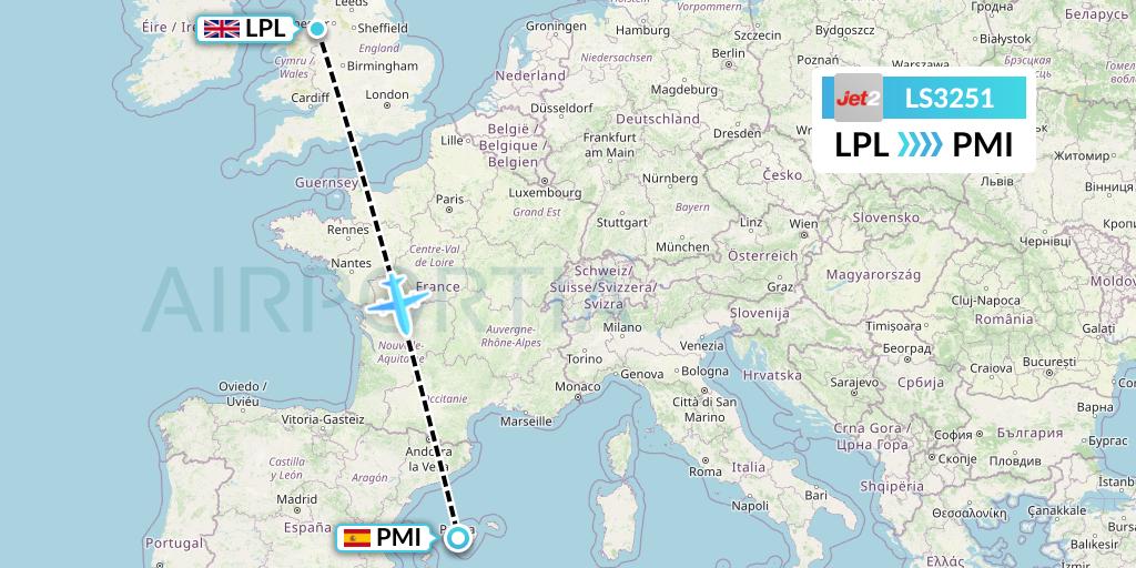 LS3251 Jet2 Flight Map: Liverpool to Palma de Mallorca