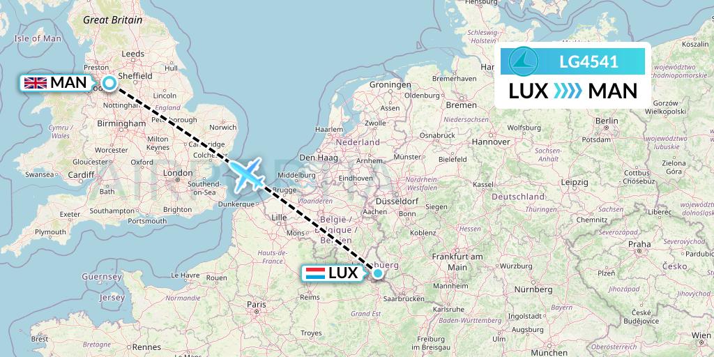 LG4541 Luxair Flight Map: Luxembourg to Manchester