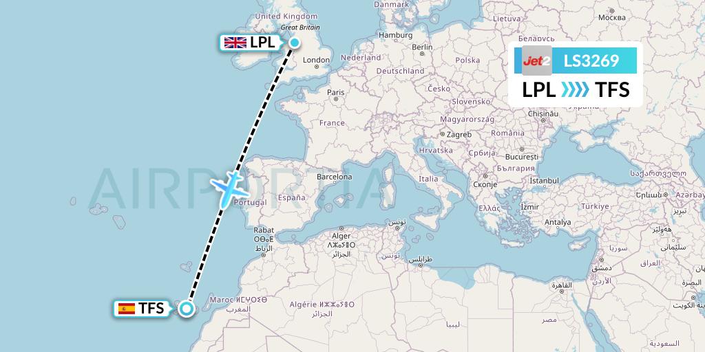 LS3269 Jet2 Flight Map: Liverpool to Tenerife