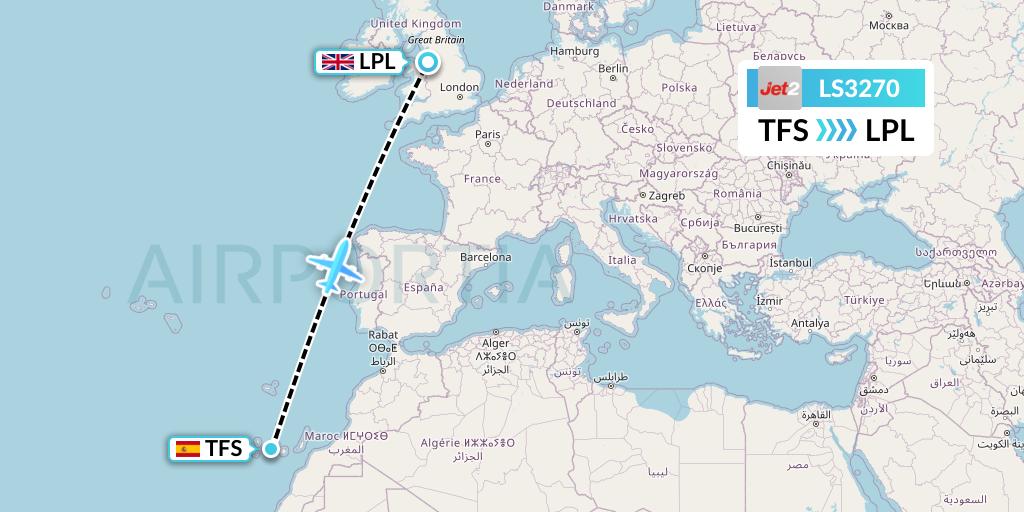 LS3270 Jet2 Flight Map: Tenerife to Liverpool